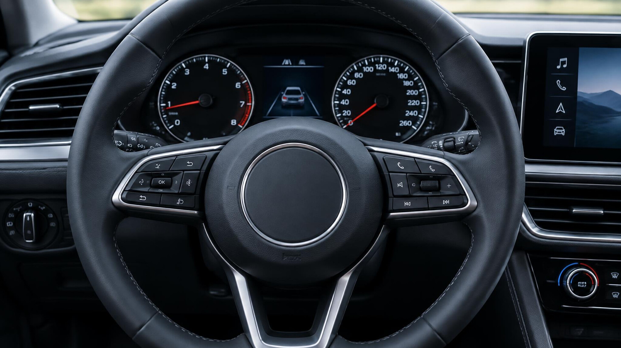 Car steering wheel and dashboard close-up