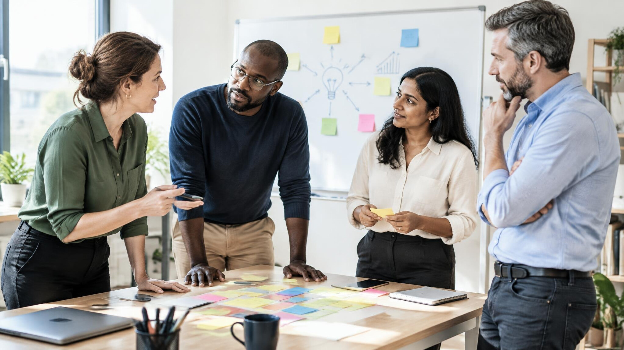 Team discussing ideas in a workshop