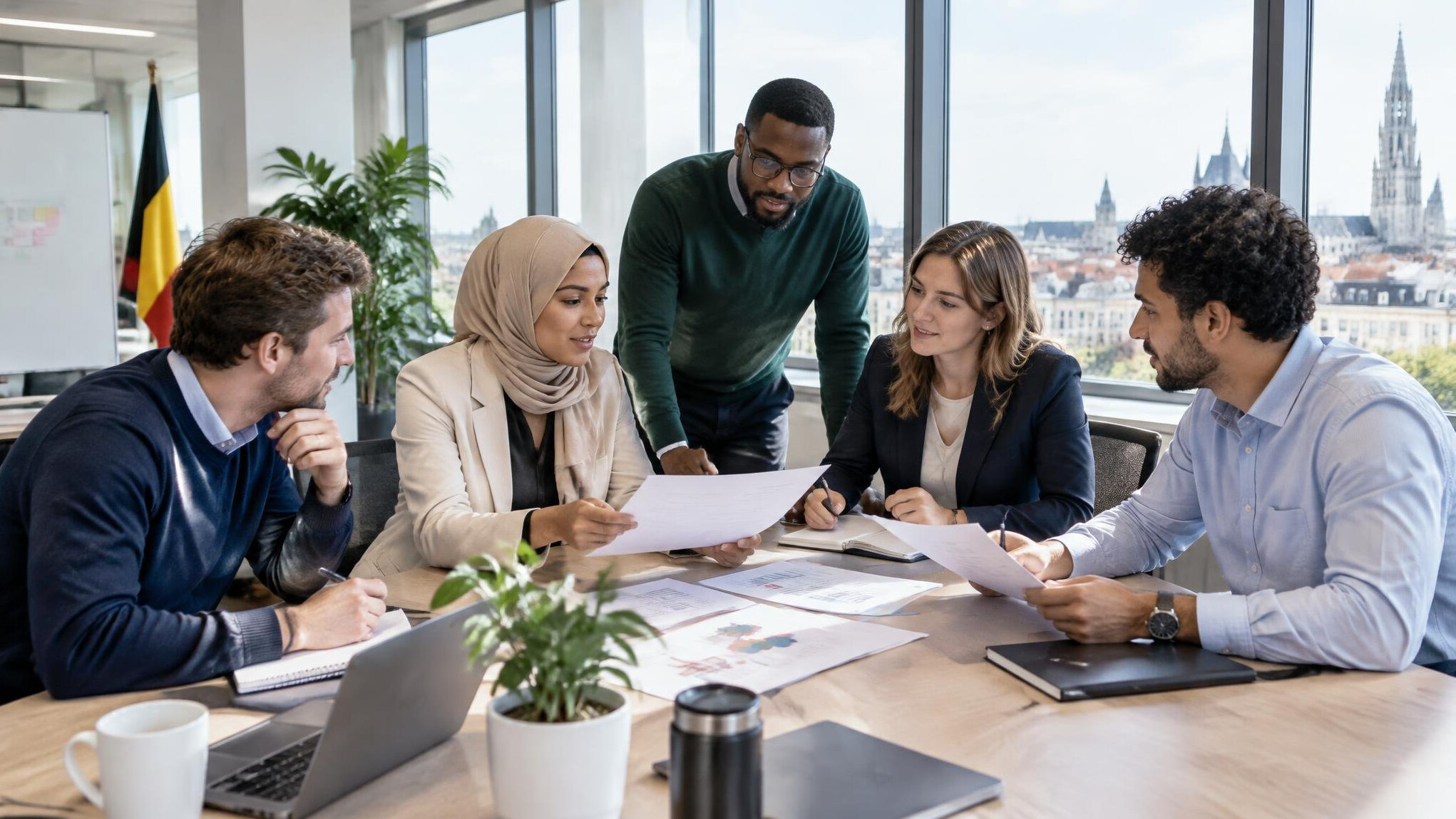 Team members discussing around a table in a bright office
