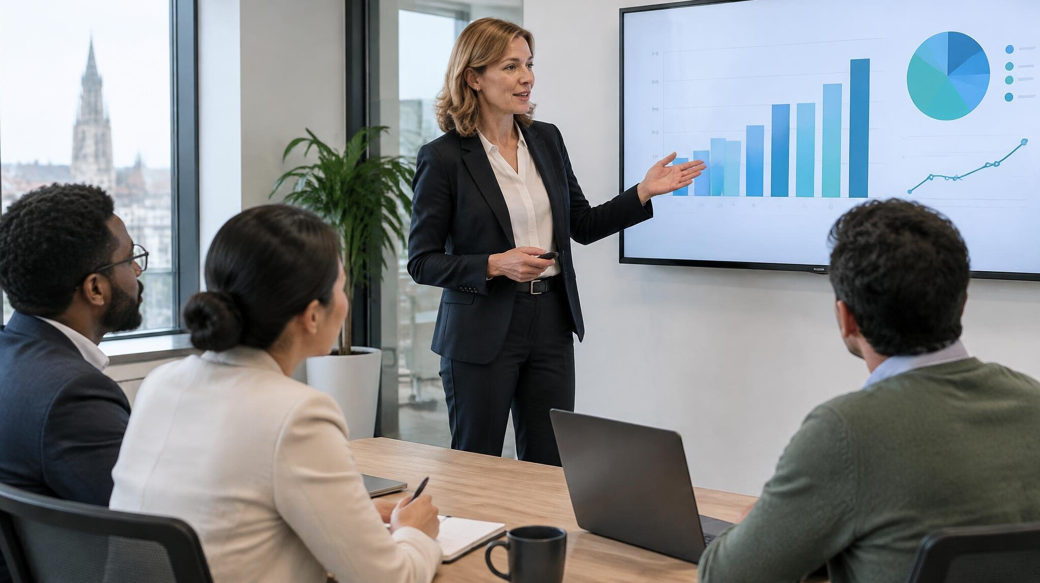 Presenter showing a chart to colleagues