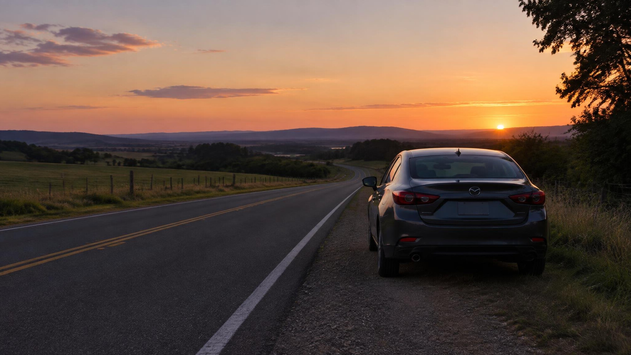 Car parked on the roadside at dusk