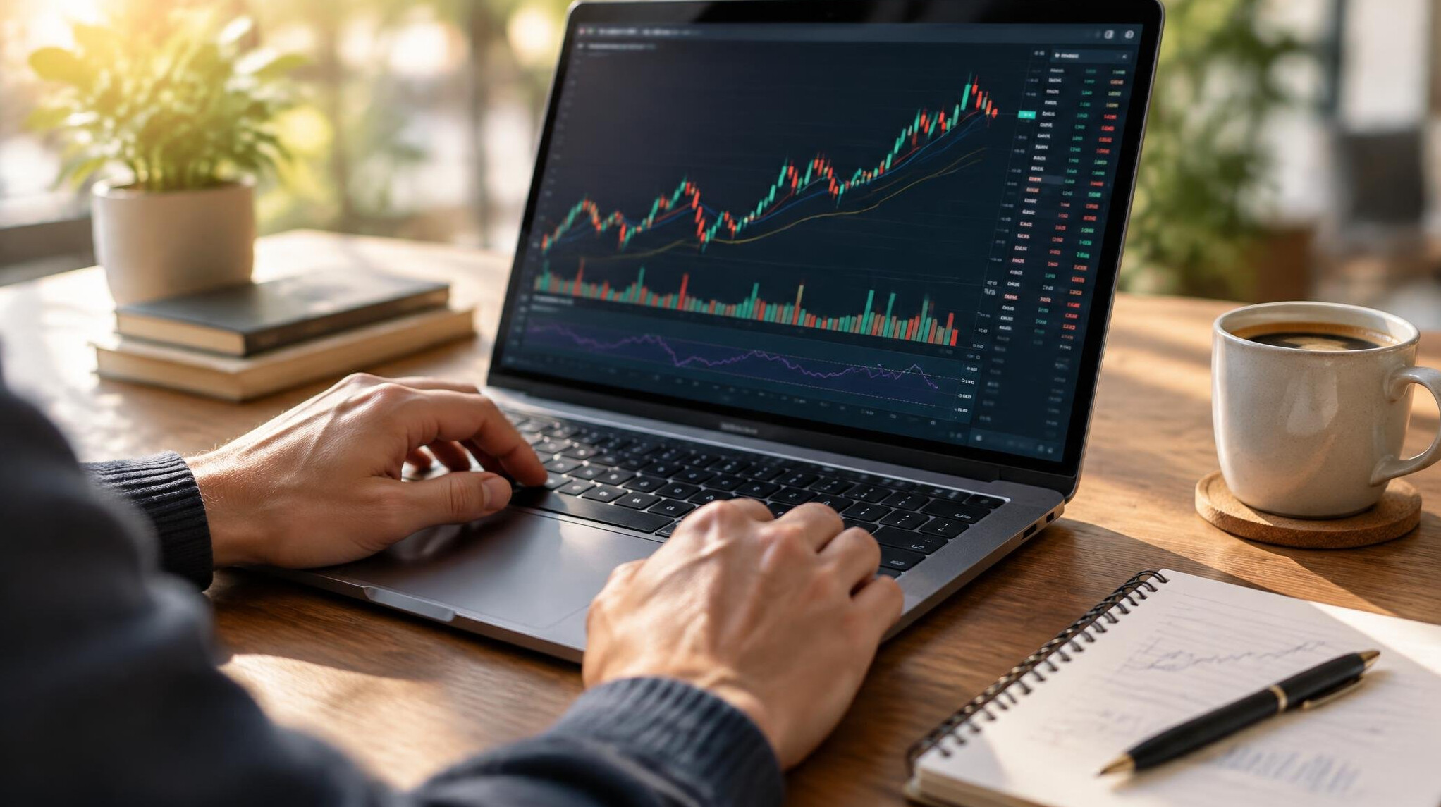 Laptop with charts and notes on a desk
