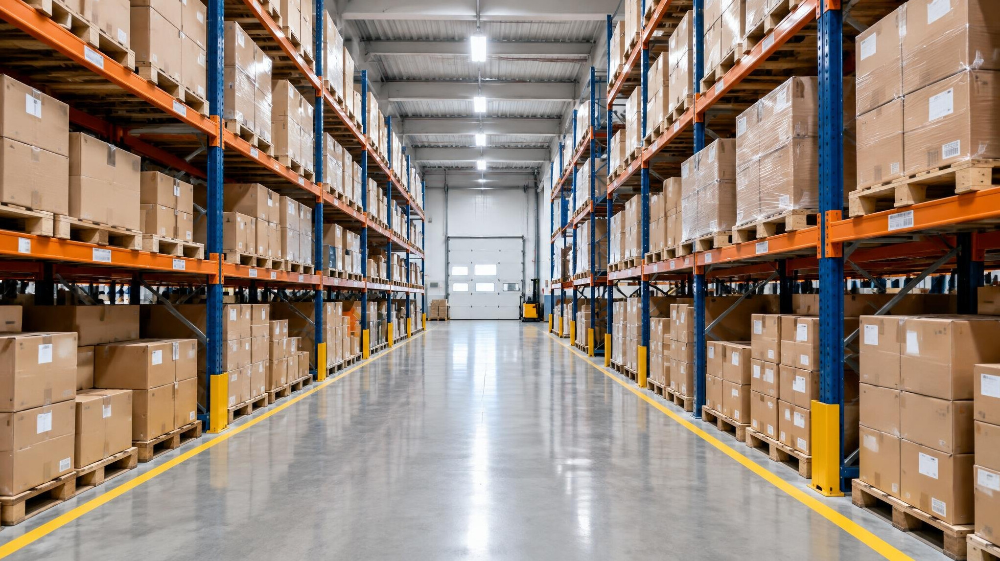 Warehouse shelves with boxes and logistics
