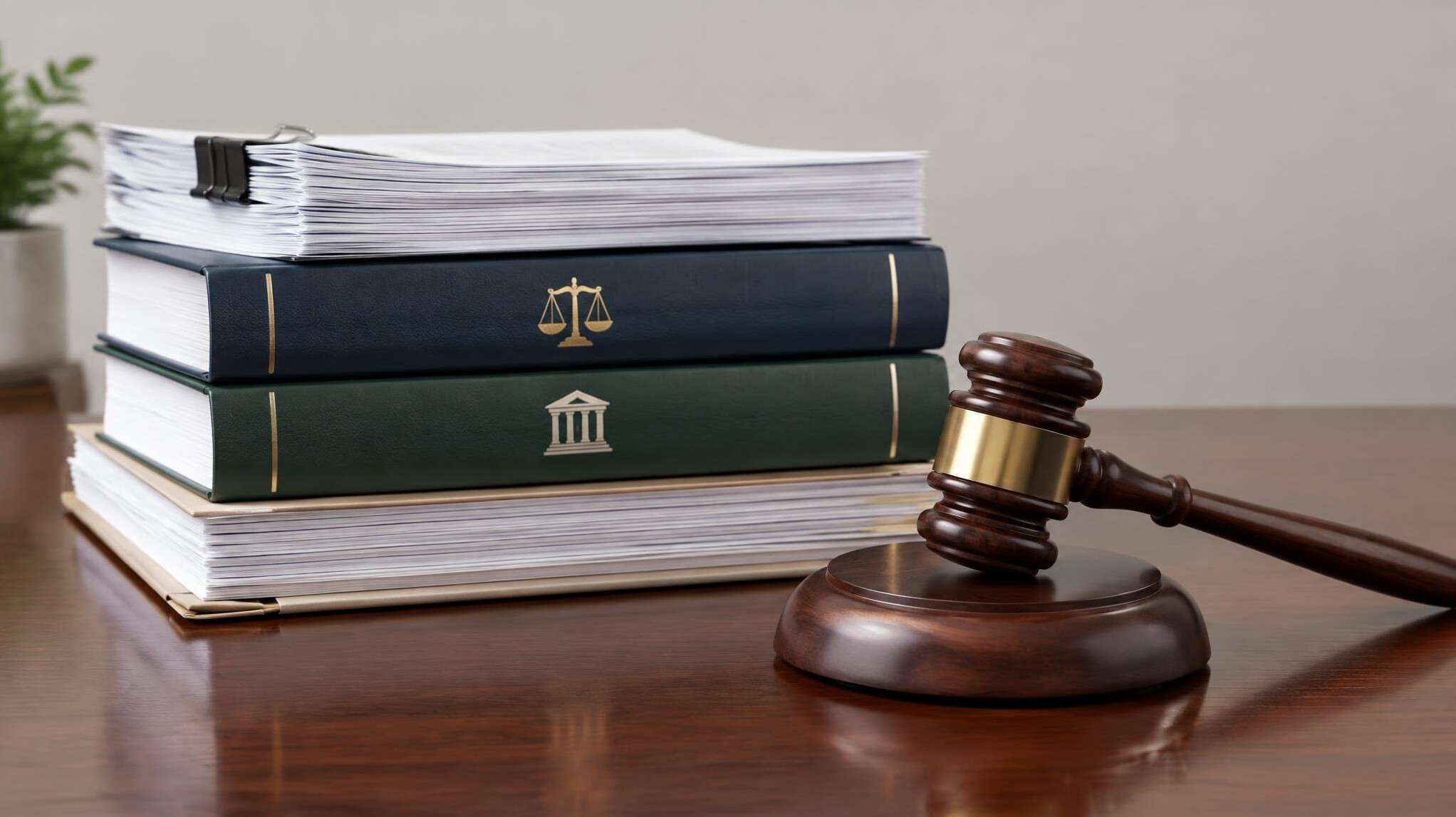 Legal documents and a gavel on a desk